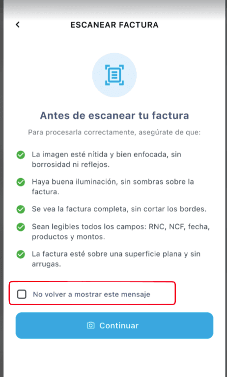 Evidence: Scan Invoice flow. The marked area corresponds to the affected checkbox.